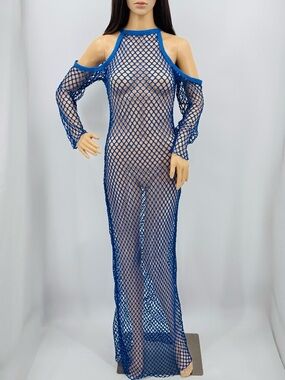 Vintage Y2K Festival Boho Cut Out Mesh Crochet Fishnet Maxi Dress Swim Cover Up